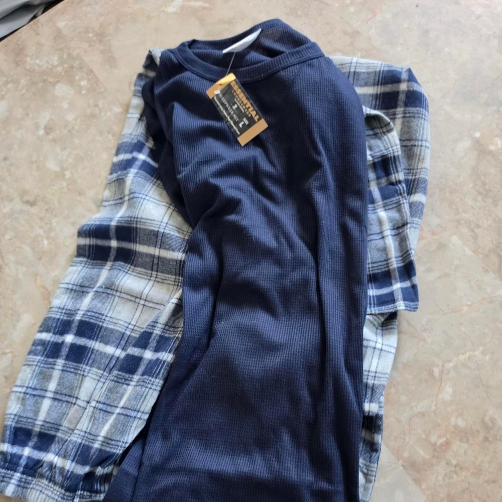 Navy blue and white plaid pajama set